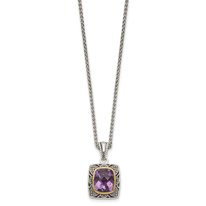 925 Sterling Silver Vintage Cut Cushion-Cut Purple Amethyst Chain Necklace Gemstone Pendant Charm