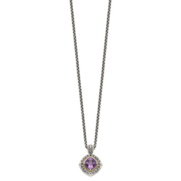 925 Sterling Silver Vintage Cushion-Cut Purple Amethyst Chain Necklace Gemstone Pendant Charm