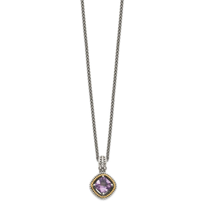 925 Sterling Silver Vintage Cushion-Cut Purple Amethyst Chain Necklace Gemstone Pendant Charm