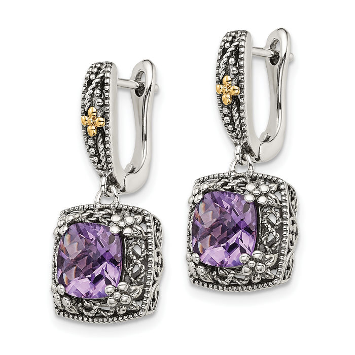 925 Sterling Silver Vintage Cushion-Cut Purple Amethyst Medium Hoop Drop Dangle Earrings