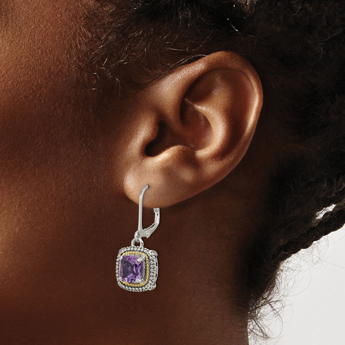 925 Sterling Silver Vintage Cushion-Cut Purple Amethyst Drop Dangle Earrings