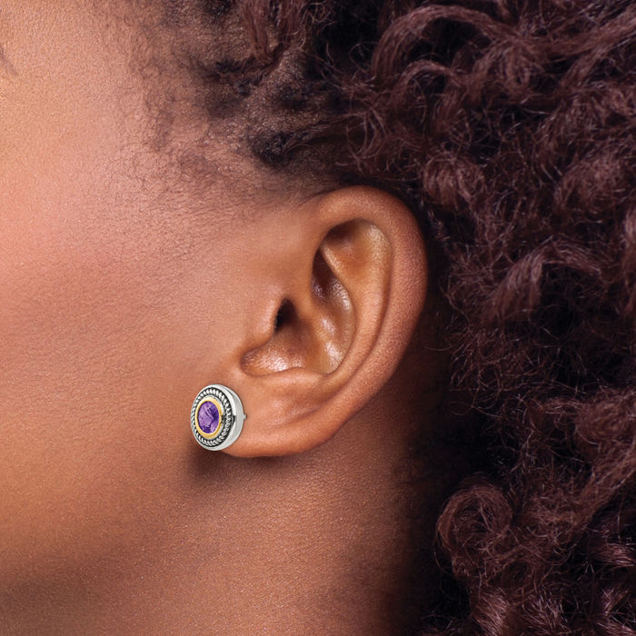 925 Sterling Silver Vintage Round Purple Amethyst Stud Earrings