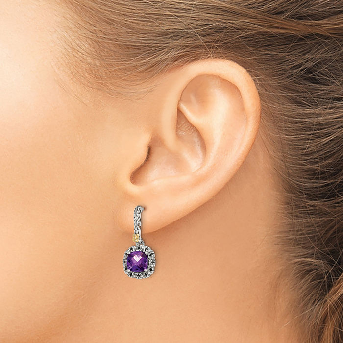 925 Sterling Silver Vintage Cushion-Cut Purple Amethyst Post Drop Dangle Earrings