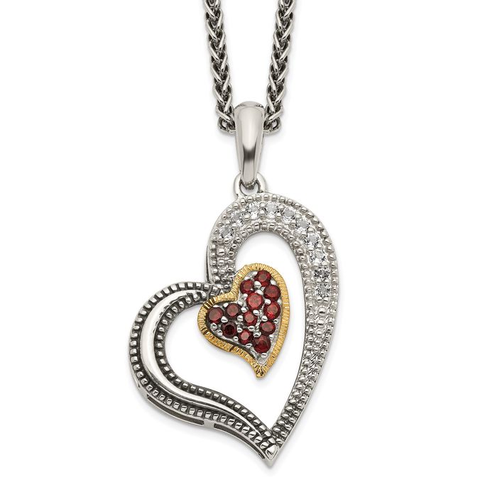 925 Sterling Silver Vintage Red Garnet White Topaz Heart Chain Necklace Gemstone Pendant Charm