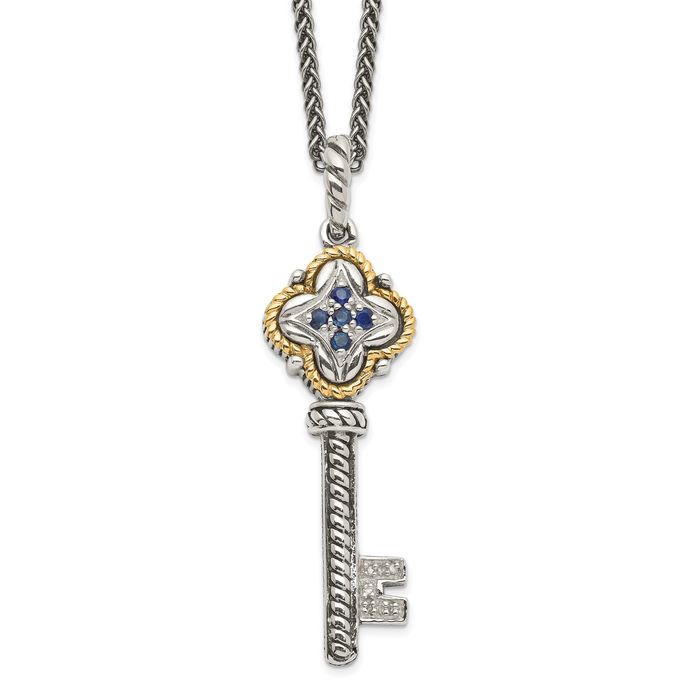 925 Sterling Silver Vintage Blue Sapphire Diamond Key Chain Necklace Gemstone Pendant Charm