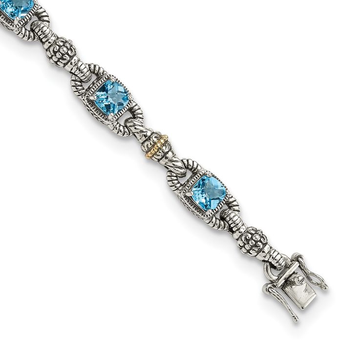 925 Sterling Silver Vintage Cushion-Cut Sky Blue Topaz Chain Gemstone Tennis Bracelet