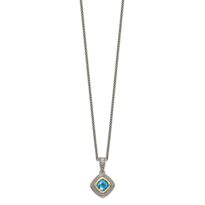 925 Sterling Silver Vintage Cushion-Cut Sky Blue Topaz Chain Necklace Gemstone Pendant Charm