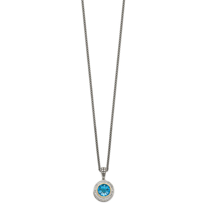 925 Sterling Silver Vintage Round Swiss Blue Topaz Diamond Chain Necklace Gemstone Pendant Charm