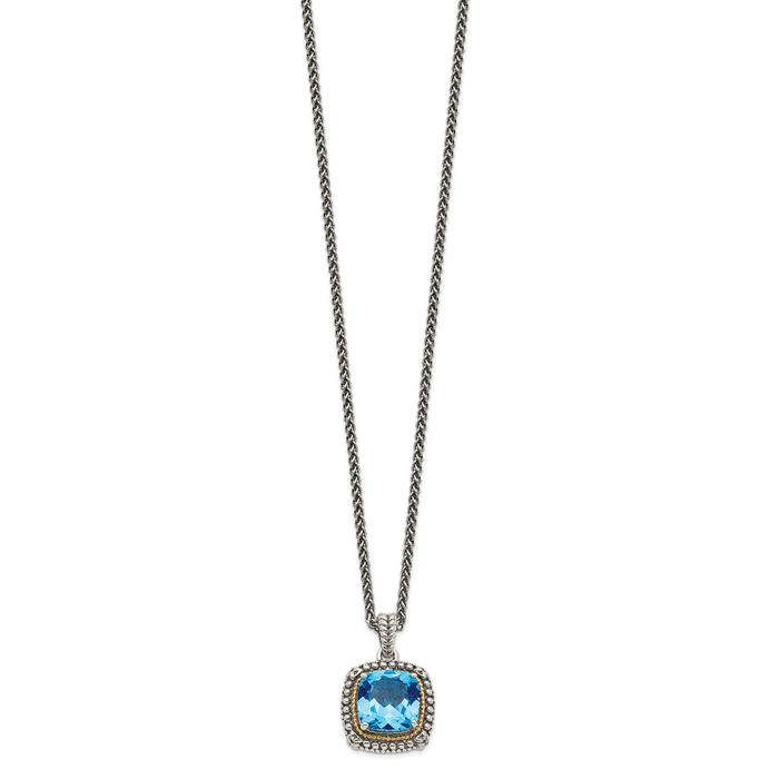 925 Sterling Silver Vintage Cushion-Cut Swiss Blue Topaz Chain Necklace Gemstone Pendant Charm