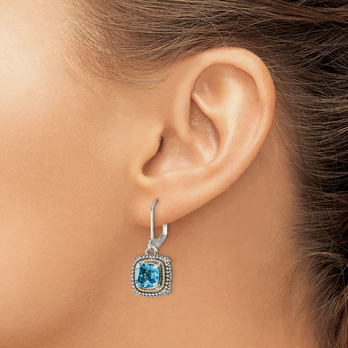 925 Sterling Silver Vintage Cushion-Cut Swiss Blue Topaz Drop Dangle Earrings