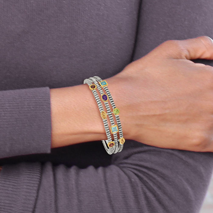 925 Sterling Silver Vintage Purple Amethyst Sky Blue Topaz Yellow Orange Citrine Red Garnet Green Peridot Cuff Bracelet