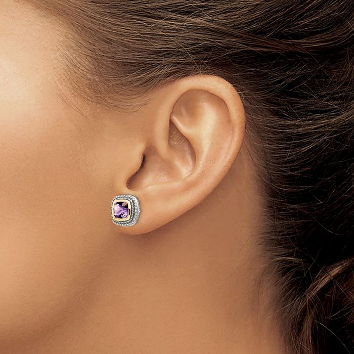 925 Sterling Silver Vintage Cushion-Cut Purple Amethyst Stud Earrings