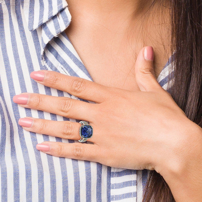 925 Sterling Silver Vintage Lab Checker Cushion-Cut Blue Sapphire Cocktail Statement Ring September Birthstone Jewelry