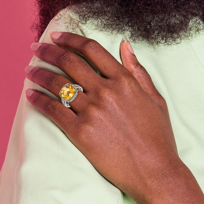 925 Sterling Silver Vintage Cushion-Cut Yellow Orange Citrine Cocktail Statement Ring Gemstone Band