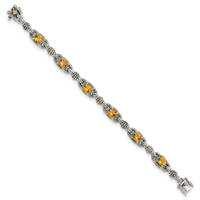 925 Sterling Silver Vintage Cushion-Cut Yellow Orange Citrine Chain Gemstone Tennis Bracelet