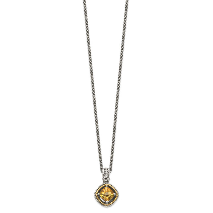 925 Sterling Silver Vintage Cushion-Cut Yellow Orange Citrine Chain Necklace Gemstone Pendant Charm