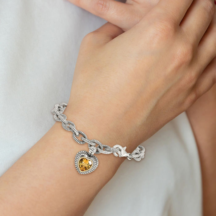 925 Sterling Silver Vintage Yellow Orange Citrine Heart Chain Tennis Charm Bracelet