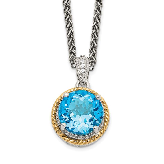 925 Sterling Silver Vintage Round Swiss Blue Topaz Chain Necklace Gemstone Pendant Charm