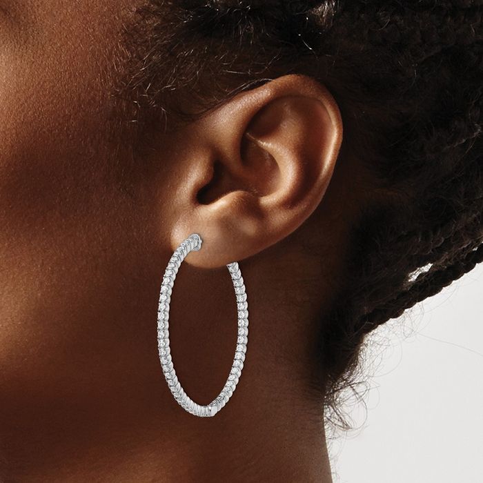 925 Sterling Silver 1.75mm Cubic Zirconia CZ Round Large Hoop Earrings
