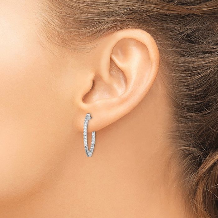 925 Sterling Silver 1.7mm Cubic Zirconia CZ Round Medium Hoop Earrings
