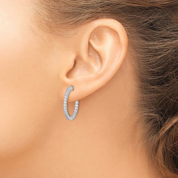925 Sterling Silver 1.7mm Cubic Zirconia CZ Round Medium Hoop Earrings