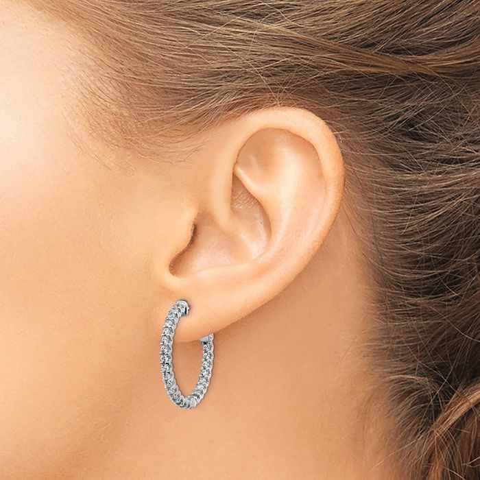 925 Sterling Silver 1.7mm Cubic Zirconia CZ Round Medium Hoop Earrings