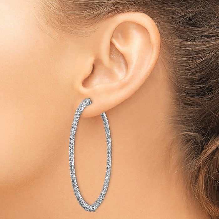 925 Sterling Silver 1.7mm Cubic Zirconia CZ Round Large Hoop Earrings