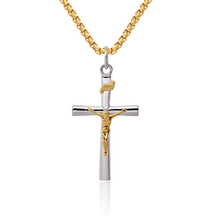 925 Sterling Silver 18K Gold Plated Inri Lord Jesus Christ Crucifix Holy Cross Necklace Religious Chain Pendant Charm