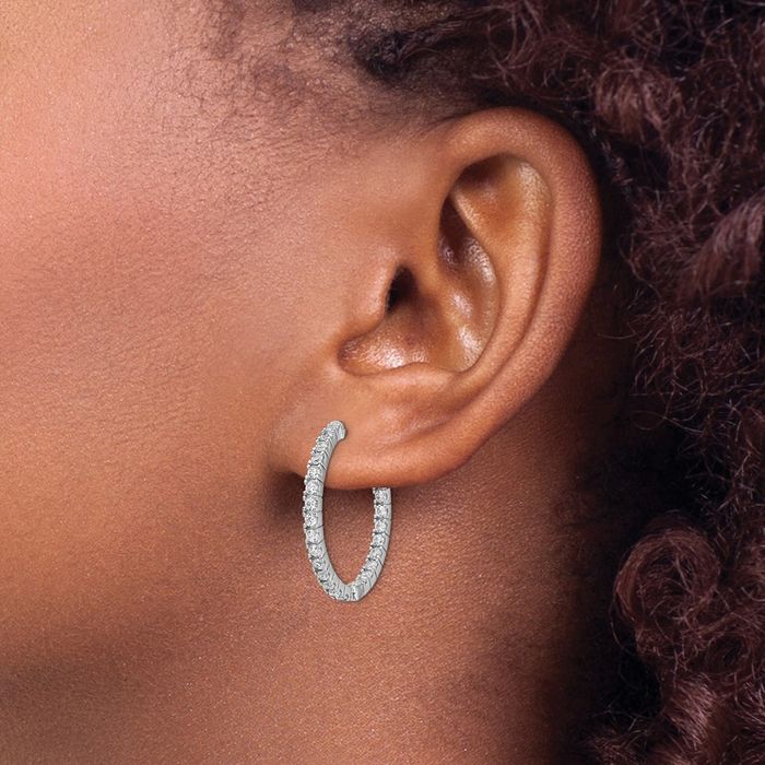 925 Sterling Silver 1.9mm Cubic Zirconia CZ Round Medium Hoop Earrings