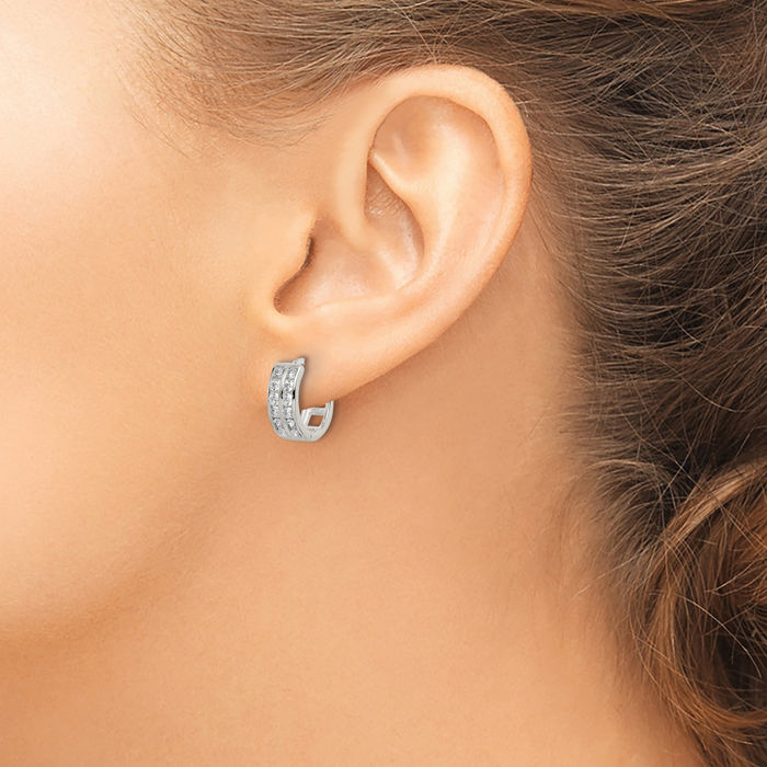 925 Sterling Silver 2 Row Cubic Zirconia CZ Huggie Small Hoop Earrings