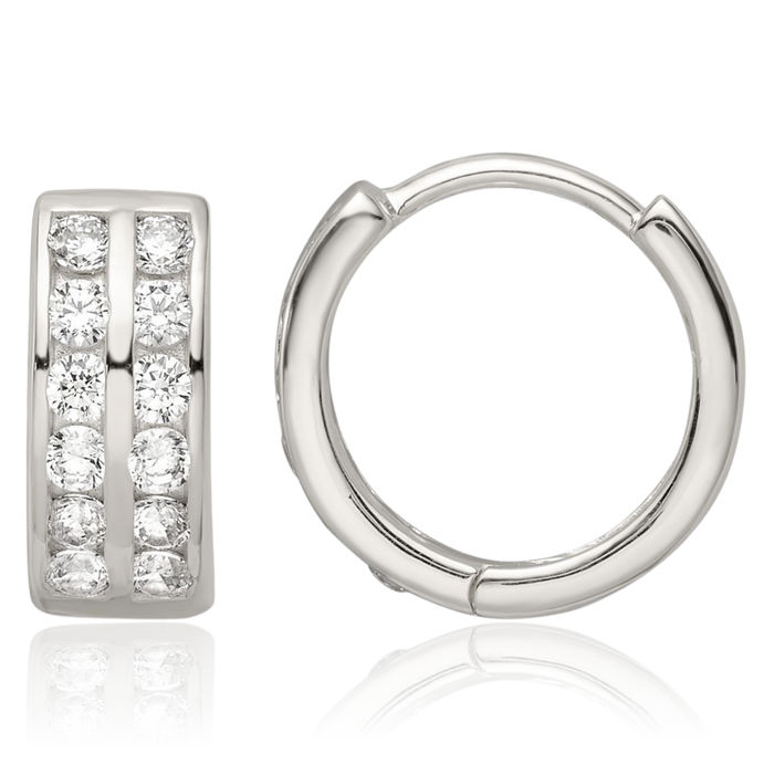 925 Sterling Silver 2 Row Cubic Zirconia CZ Huggie Small Hoop Earrings