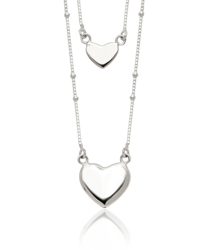 925 Sterling Silver 2 Strand Heart Dangling Chain Layering Necklace