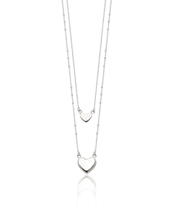 925 Sterling Silver 2 Strand Heart Dangling Chain Layering Necklace