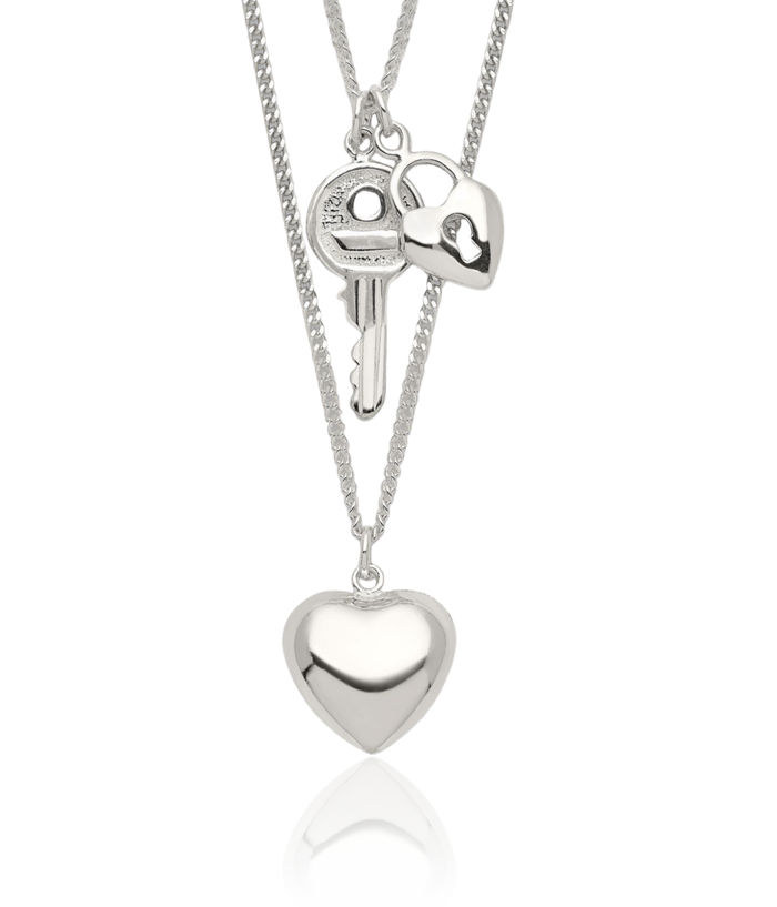 925 Sterling Silver 2 Strand Heart Key Chain Layering Necklace