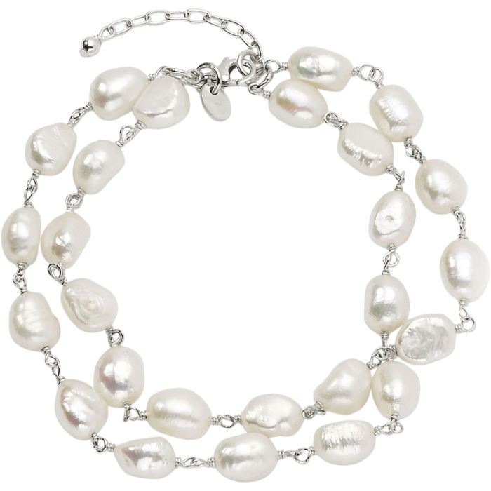 925 Sterling Silver 2 Strand White Baroque Freshwater Cultured Pearl Chain Bracelet