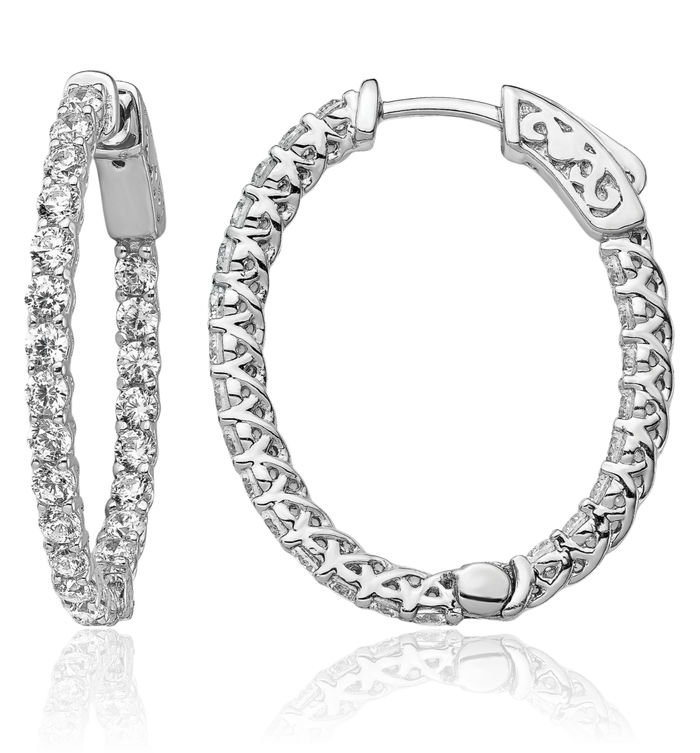 925 Sterling Silver 2.25mm Cubic Zirconia CZ Oval Medium Hoop Earrings