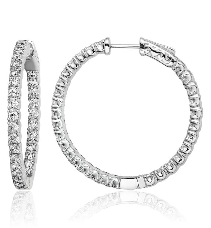 925 Sterling Silver 2.25mm Cubic Zirconia CZ Round Medium Hoop Earrings