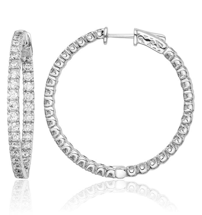 925 Sterling Silver 2.25mm Cubic Zirconia CZ Round Medium Hoop Earrings