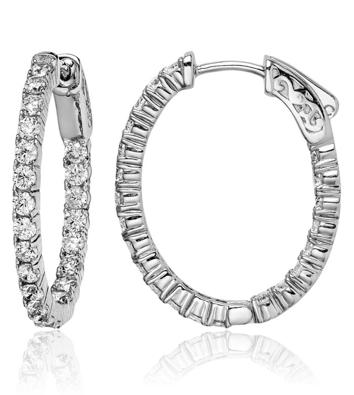 925 Sterling Silver 2.3mm Cubic Zirconia CZ Oval Medium Hoop Earrings