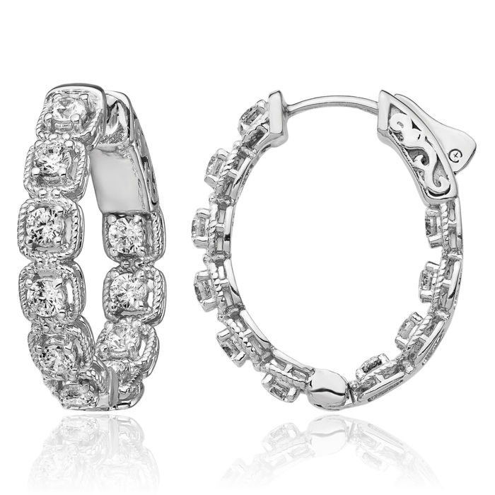 925 Sterling Silver 2.5mm Cubic Zirconia CZ Oval Medium Hoop Earrings
