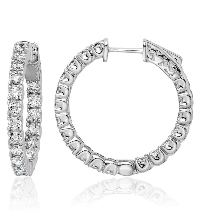 925 Sterling Silver 2.5mm Cubic Zirconia CZ Round Medium Hoop Earrings