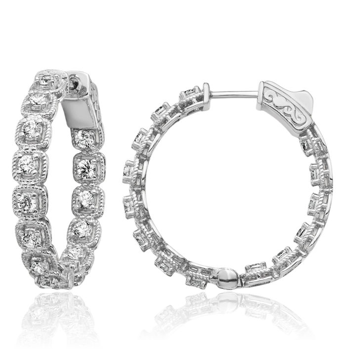 925 Sterling Silver 2.5mm Cubic Zirconia CZ Round Medium Hoop Earrings