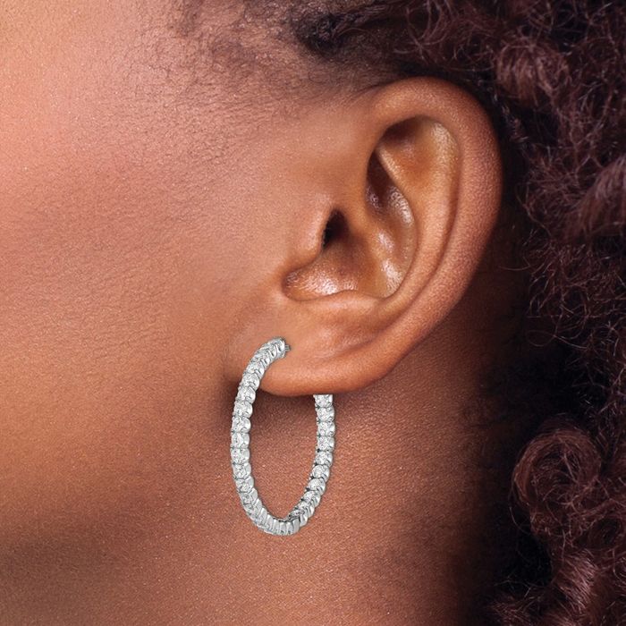 925 Sterling Silver 2.5mm Cubic Zirconia CZ Round Medium Hoop Earrings
