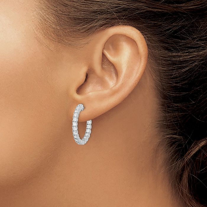 925 Sterling Silver 2.5mm Cubic Zirconia CZ Round Medium Hoop Earrings