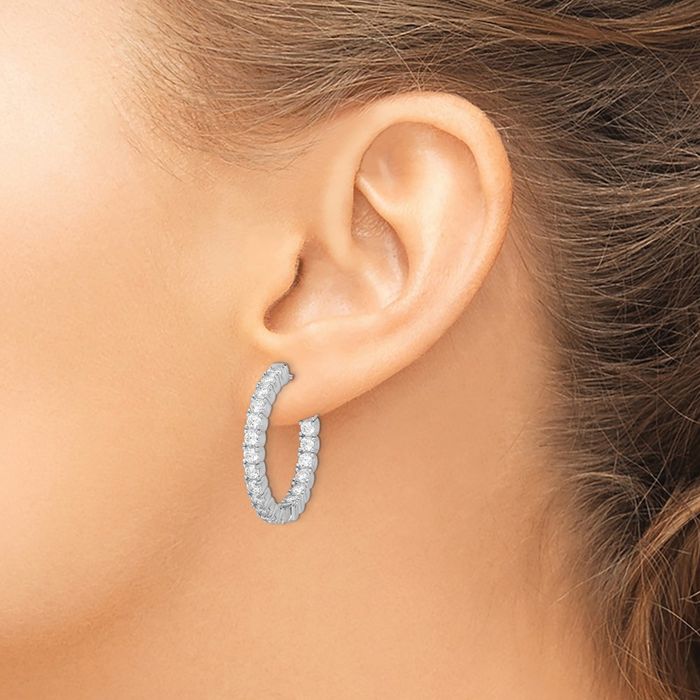 925 Sterling Silver 2.5mm Cubic Zirconia CZ Round Medium Hoop Earrings
