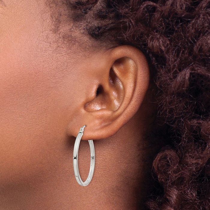 925 Sterling Silver 2.5x30mm Round Medium Hoop Earrings
