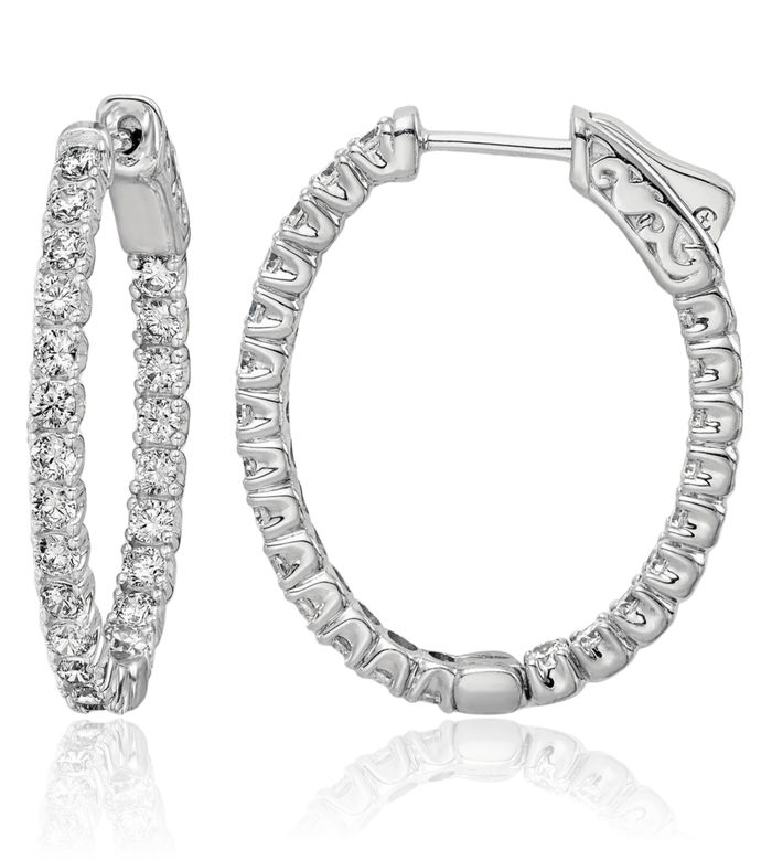 925 Sterling Silver 2mm Cubic Zirconia CZ Oval Medium Hoop Earrings