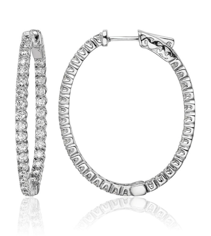 925 Sterling Silver 2mm Cubic Zirconia CZ Oval Medium Hoop Earrings