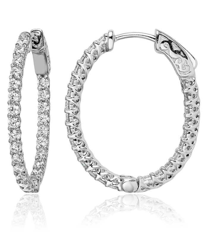 925 Sterling Silver 2mm Cubic Zirconia CZ Oval Medium Hoop Earrings