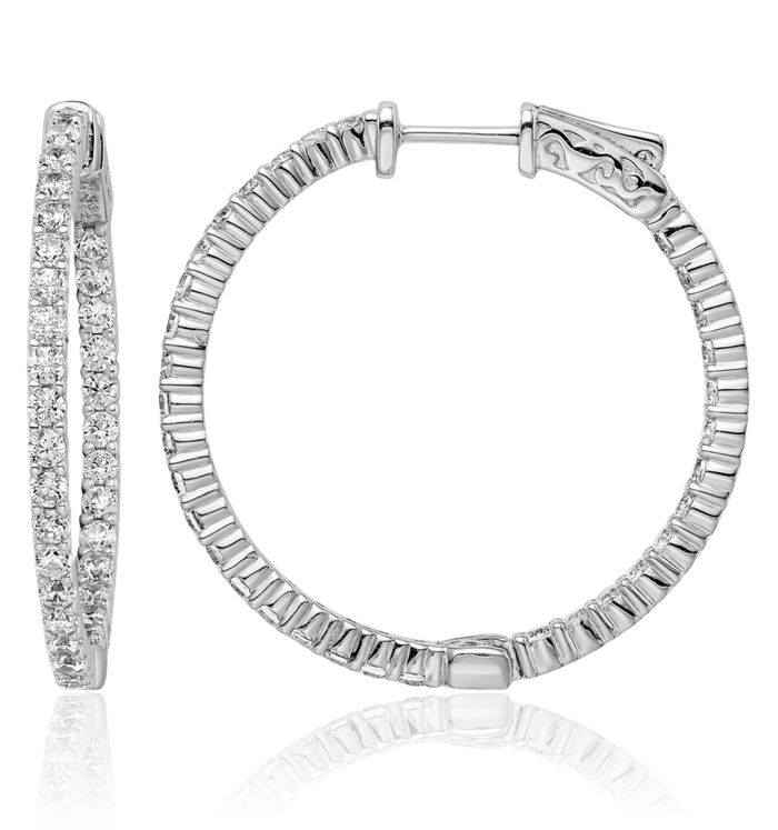 925 Sterling Silver 2mm Cubic Zirconia CZ Round Medium Hoop Earrings